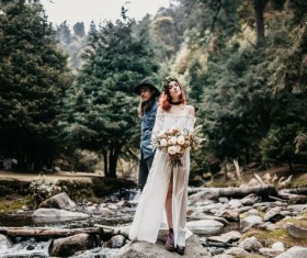 marriage couple posing in nature landscape Stock Photo