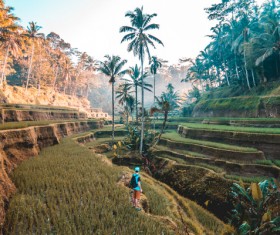 Backpackers traveling in tropical countryside Stock Photo