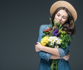 Beautiful woman wearing cowboy suit wearing straw hat Stock Photo 01