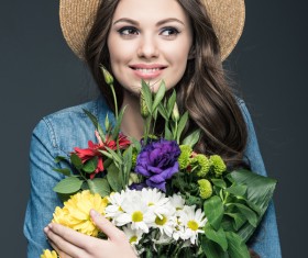 Beautiful woman wearing cowboy suit wearing straw hat Stock Photo 02