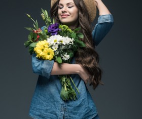 Beautiful woman wearing cowboy suit wearing straw hat Stock Photo 03