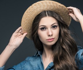Beautiful woman wearing cowboy suit wearing straw hat Stock Photo 05
