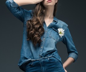 Beautiful woman wearing denim suit Stock Photo 03