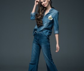 Beautiful woman wearing denim suit Stock Photo 04