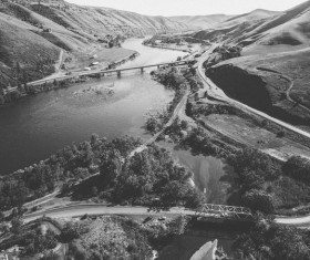 Black white picture of calm mountain river landscape Stock Photo