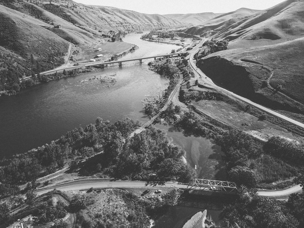 Black white picture of calm mountain river landscape Stock Photo