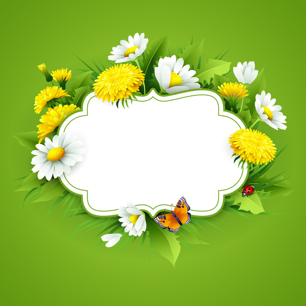 Blank label with spring flower and green background vector 01