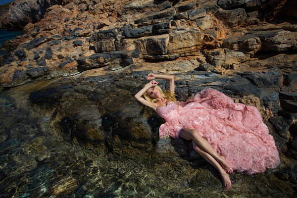 Blonde in pink dress by the sea Stock Photo 05