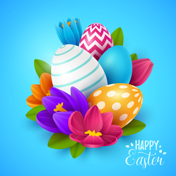 Blue easter background with egg and flower vectors 01