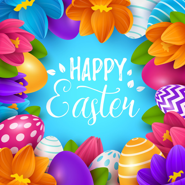 Blue easter background with egg and flower vectors 02