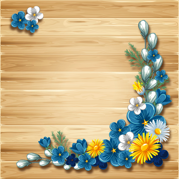 Blue flower corner decor with wooden background vector