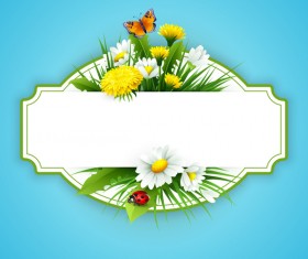 Blue spring background with flower label vector 01