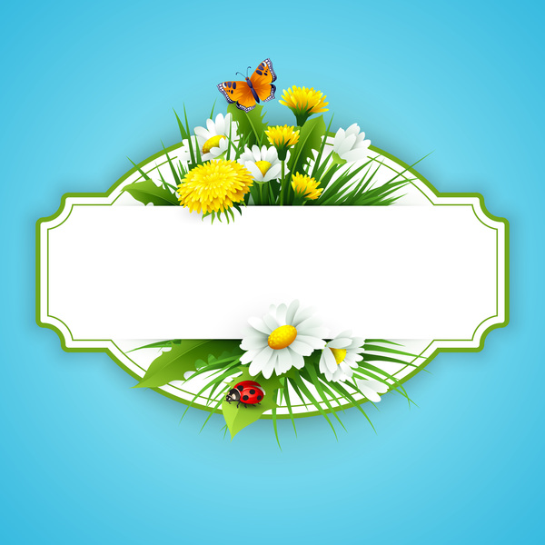 Blue spring background with flower label vector 01