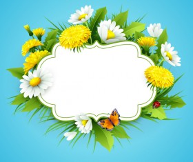 Blue spring background with flower label vector 02