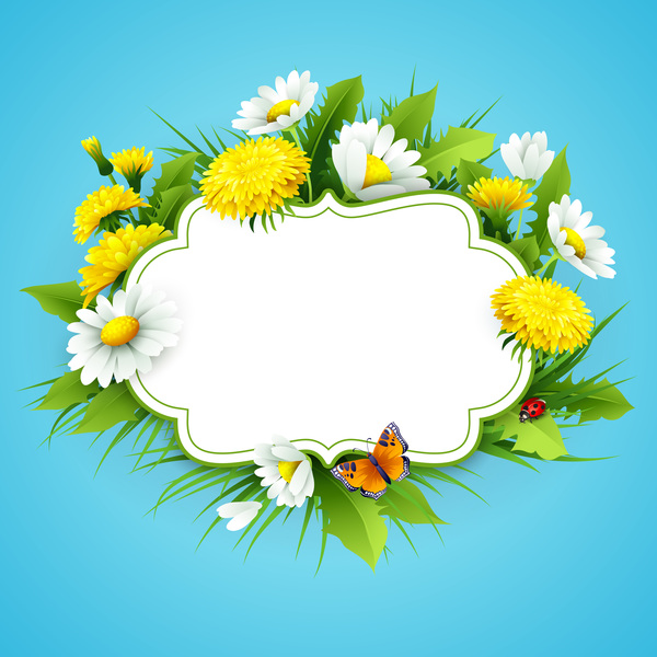 Blue spring background with flower label vector 02