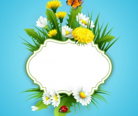 Blue spring background with flower label vector 03