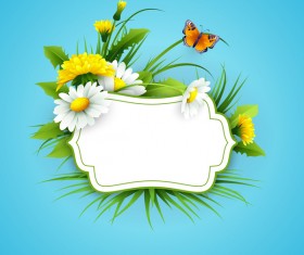 Blue spring background with flower label vector 04