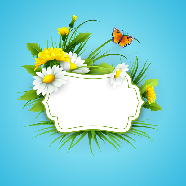 Blue spring background with flower label vector 04