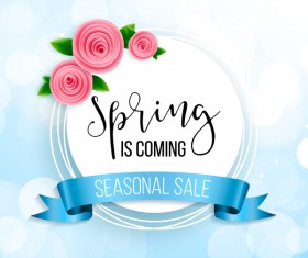 Blue spring background with round sale label vector