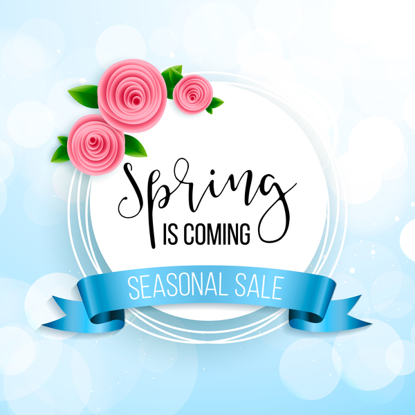 Blue spring background with round sale label vector