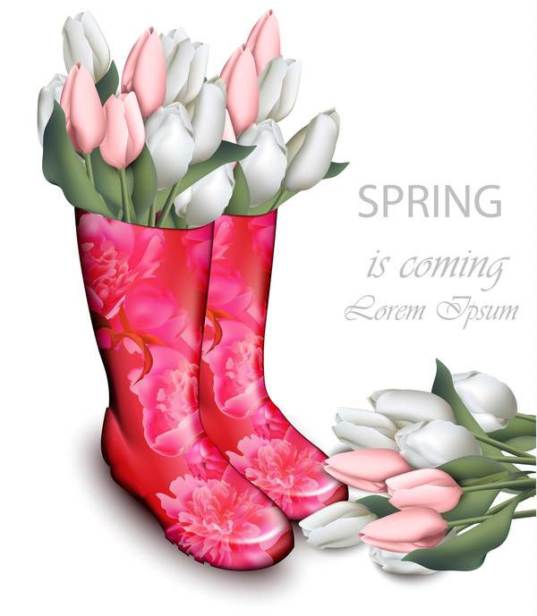 Boots with flower spring background vector 01