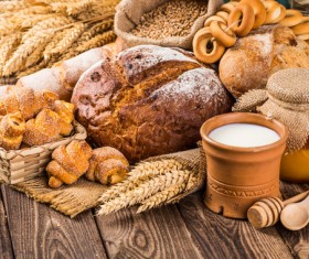 Bread wheat and milk on the desktop Stock Photo 02