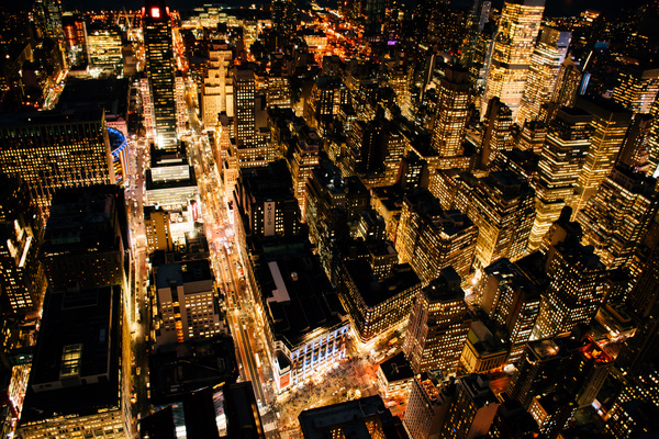 Bright modern cityscape at night from height Stock Photo