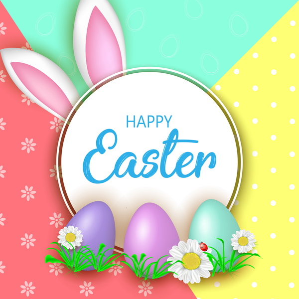 Cute Easter greeting card with flowers vector 01