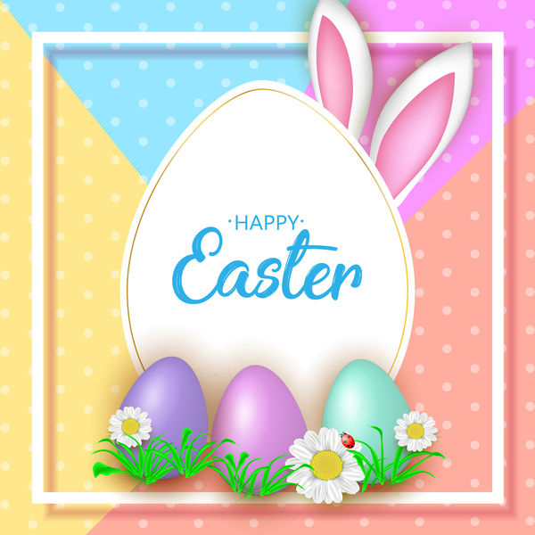 Cute Easter greeting card with flowers vector 02