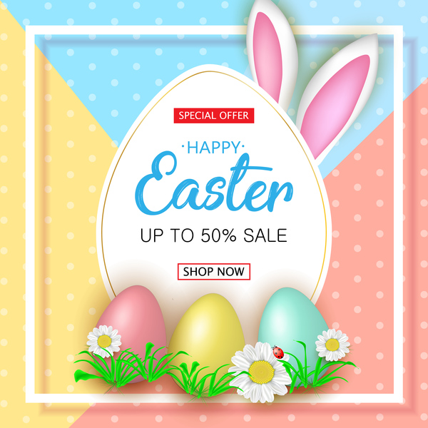 Cute Easter greeting card with flowers vector 05