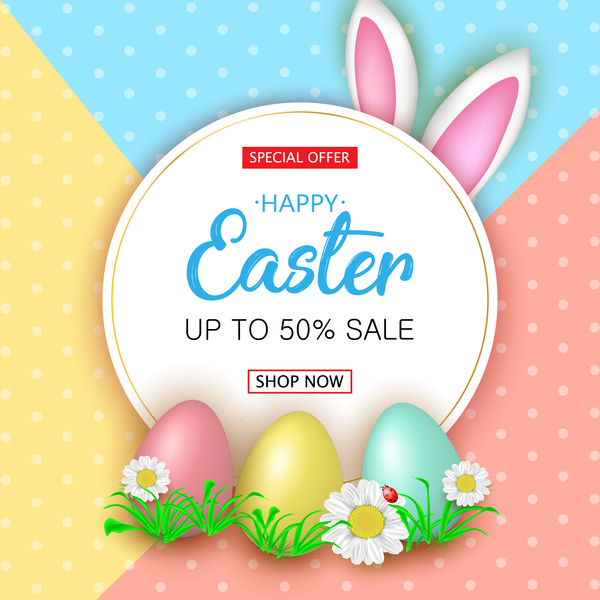 Cute Easter greeting card with flowers vector 06