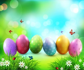 Easter background and grass flower with butterfies vector