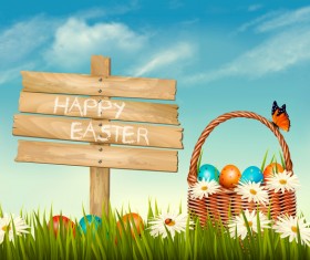 Easter background with basket eggs and wooden sign vector