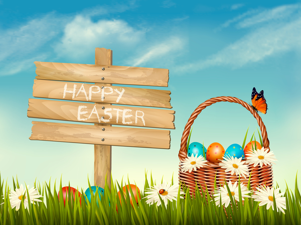 Easter background with basket eggs and wooden sign vector