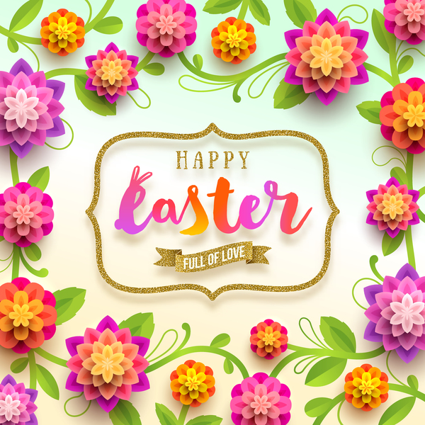 Easter background with paper flower and golden frame vector
