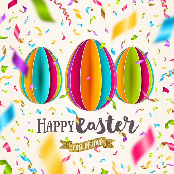 Easter confetti background with origami egg vector