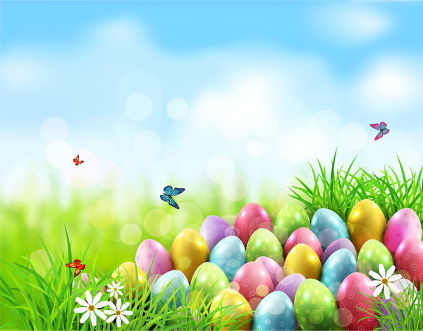 Easter egg with blue sky background vector 01