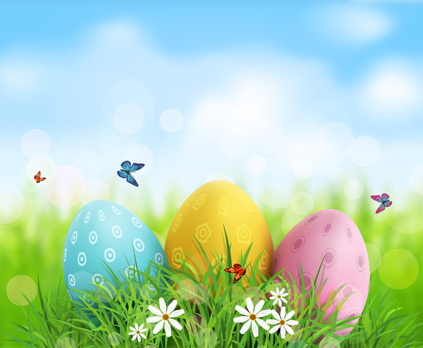 Easter egg with blue sky background vector 02