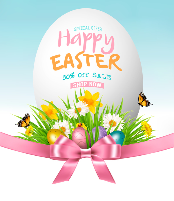 Easter sale background with egg and grass vector