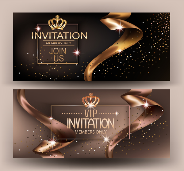 Elegant VIP invitation card with gold ribbons vector 01