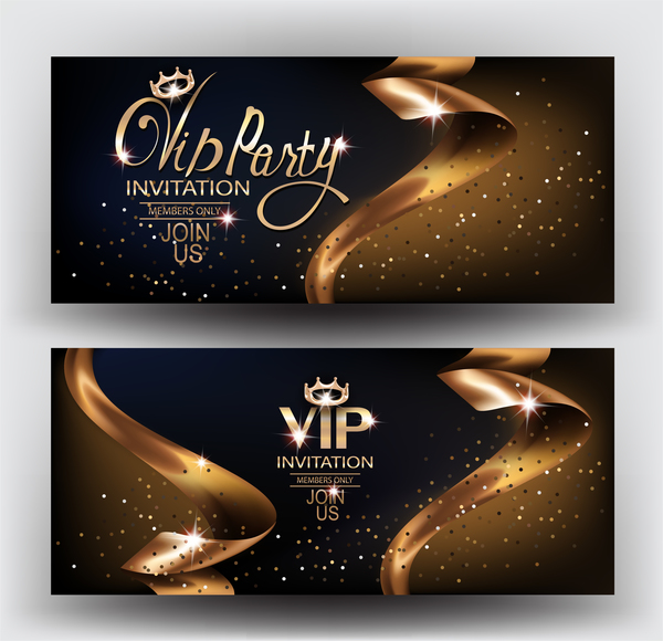 Elegant VIP invitation card with gold ribbons vector 02