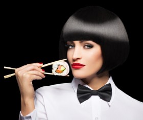 Girl eating Japanese sushi Stock Photo 04