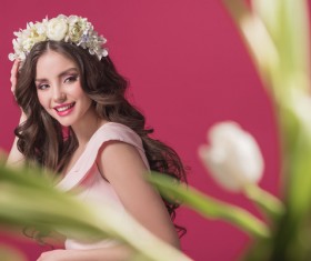 Girl wearing pink dress wears wreath Stock Photo 05