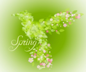 Green leaves with flower and birds spring vector 01