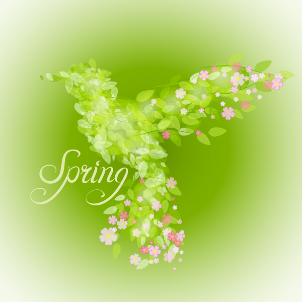 Green leaves with flower and birds spring vector 01