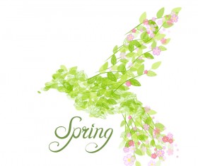 Green leaves with flower and birds spring vector 02