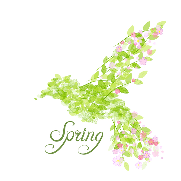 Green leaves with flower and birds spring vector 02