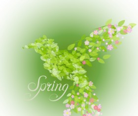 Green leaves with flower and birds spring vector 05