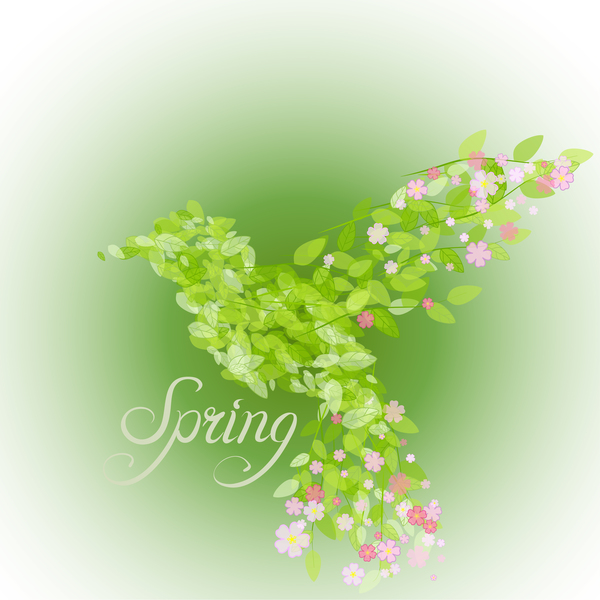 Green leaves with flower and birds spring vector 05