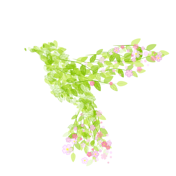 Green leaves with flower and birds spring vector 06